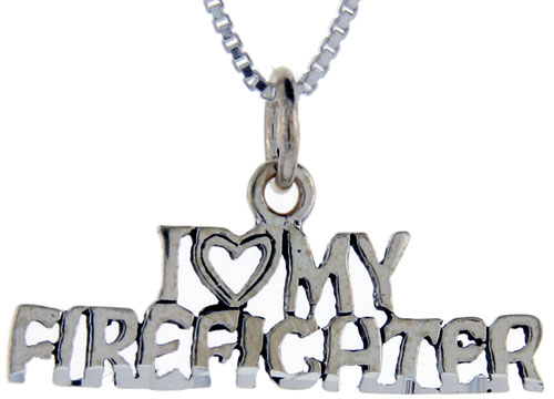 Sterling Silver I Love My Firefighter Word Pendant, 1 inch wide 
