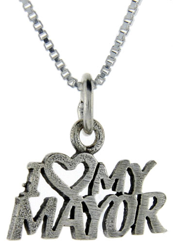 Sterling Silver I Love My Mayor Word Pendant, 1 inch wide 