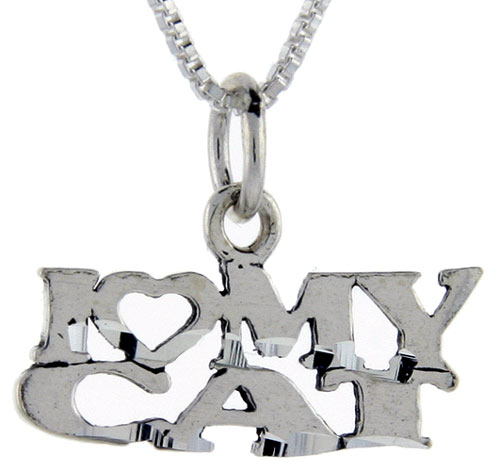 Sterling Silver I Love My Cat Word Pendant, 1 inch wide 