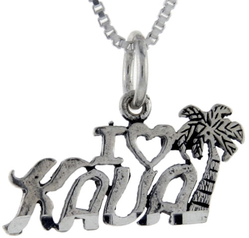 Sterling Silver I Love Kauai Word Pendant, 1 inch wide 