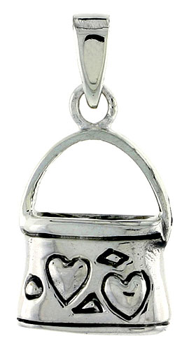 Sterling Silver Purse Pendant with Hearts, 5/8 inch wide 