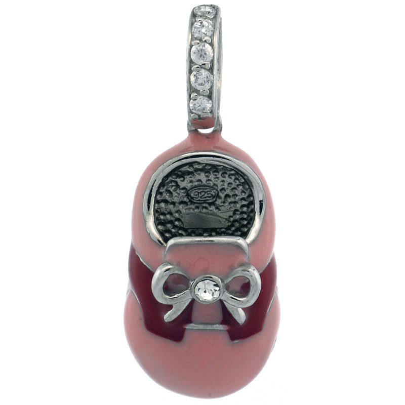 Sterling Silver Pink & Red Enamel Baby Shoe Pendant w/ CZ Stones, 7/8 in. (23 mm) tall