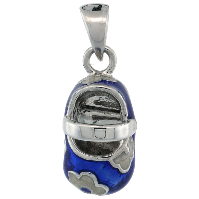 Sterling Silver Floral Blue & White Enamel Baby Shoe Pendant, 9/16 in. (15 mm) tall