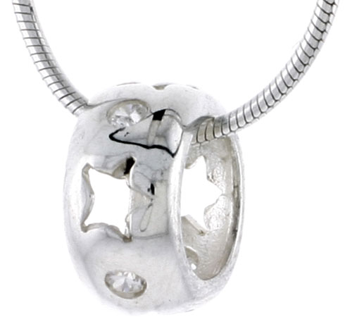 High Polished Sterling Silver 7/16" (11 mm) tall Round Pendant Slide, w/ Star Cut Outs & Brilliant Cut CZ Stones, w/ 18" Thin Box Chain