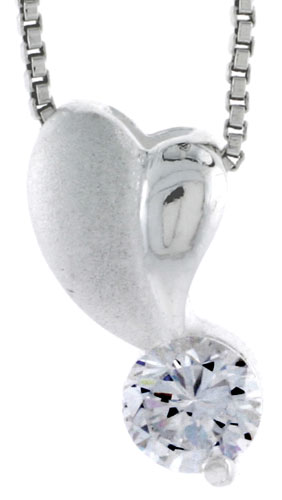 High Polished Sterling Silver 11/16" (17 mm) tall Heart Pendant, w/ 6mm Brilliant Cut CZ Stone, w/ 18" Thin Box Chain