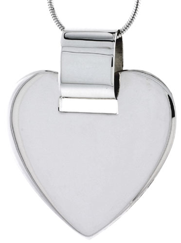 Sterling Silver High Polished Heart Pendant, 1 1/8" (29 mm) tall, w/ 18" Thin Snake Chain
