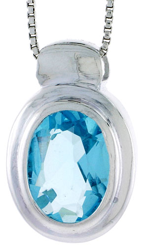 High Polished Sterling Silver 15/16" (23 mm) tall Oval-shaped Pendant, w/ Oval Cut 12x9mm Blue Topaz-colored CZ Stone, w/ 18" Thin Box Chain