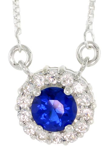Sterling Silver Journey Pendant w/ 7mm Round Cut Synthetic Sapphire & High Quality CZ Stones, 1/2" (13 mm) tall