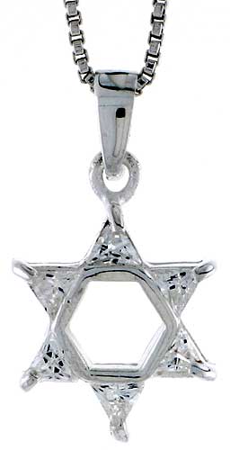 High Polished Sterling Silver 11/16" (17 mm) tall Jewish Star of David Pendant, w/ Six Trillion CZ Stones, w/ 18" Thin Box Chain