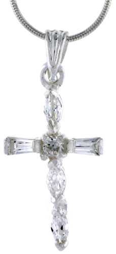 High Polished Sterling Silver 1" (25 mm) tall Cross Pendant, w/ Baguette, Brilliant Cut & Marquise Cut CZ Stones, w/ 18" Thin Box Chain
