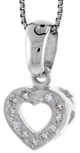 High Polished Sterling Silver 9/16" (14 mm) tall Heart Cut Out Pendant, w/ 1.5mm Brilliant Cut CZ Stones, w/ 18" Thin Box Chain
