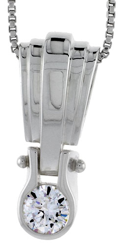High Polished Sterling Silver 1" (25 mm) tall Pendant Enhancer, w/ 6mm Brilliant Cut CZ Stone, w/ 18" Thin Box Chain