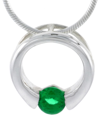 High Polished Sterling Silver 9/16" (15 mm) Round Pendant Slide, w/ 5mm Brilliant Cut Emerald-colored CZ Stone, w/ 18" Thin Box Chain