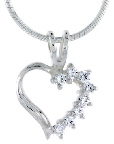 High Polished Sterling Silver 1/2" (12 mm) tall Heart Cut Out Pendant, w/ eight 2mm Brilliant Cut CZ Stones, w/ 18" Thin Box Chain