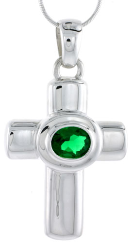 High Polished Sterling Silver 1 3/4" (45 mm) tall Latin Cross Pendant, w/ 10x8mm Oval Cut Emerald-colored CZ Stone, w/ 18" Thin Box Chain