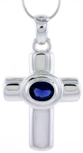 High Polished Sterling Silver 1 3/4" (45 mm) tall Latin Cross Pendant, w/ 10x8mm Oval Cut Blue Sapphire-colored CZ Stone, w/ 18" Thin Box Chain