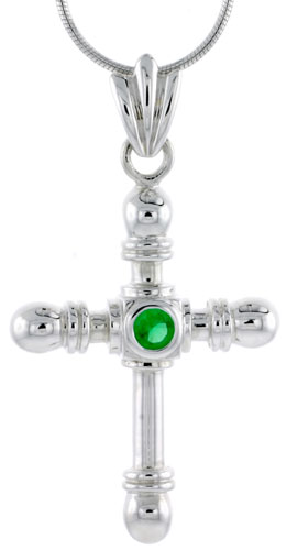 High Polished Sterling Silver 1 1/2" (38 mm) tall Crucifix Pendant, w/ 4mm Brilliant Cut Emerald-colored CZ Stone, w/ 18" Thin Box Chain