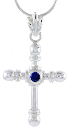 High Polished Sterling Silver 1 1/2" (38 mm) tall Crucifix Pendant, w/ 4mm Brilliant Cut Blue Sapphire-colored CZ Stone, w/ 18" Thin Box Chain
