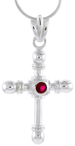 High Polished Sterling Silver 1 1/2" (38 mm) tall Crucifix Pendant, w/ 4mm Brilliant Cut Ruby-colored CZ Stone, w/ 18" Thin Box Chain
