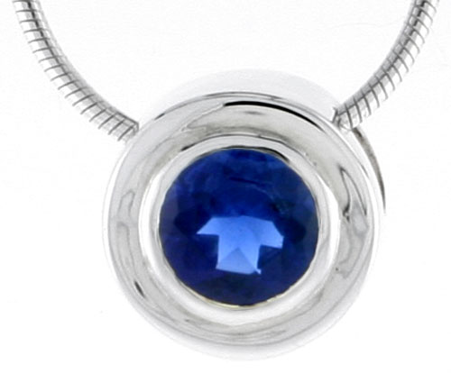High Polished Sterling Silver 7/16" (11 mm) Round Pendant Enhancer, w/ 6.5mm Brilliant Cut Blue Sapphire-colored CZ Stone, w/ 18" Thin Box Chain