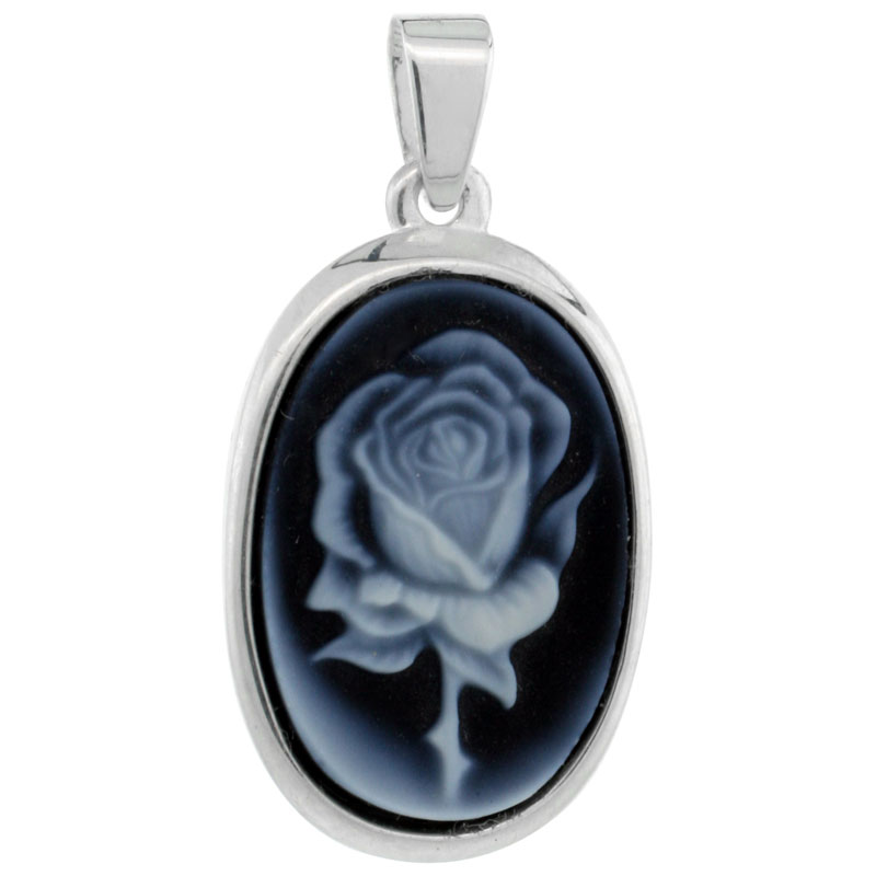 Sterling Silver Natural Blue Agate Cameo Rose Pendant 18x13mm
