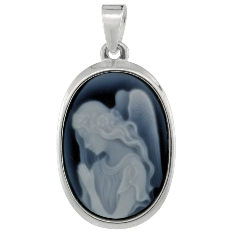 Sterling Silver Natural Blue Agate Cameo Praying Angel Pendant 18x13mm