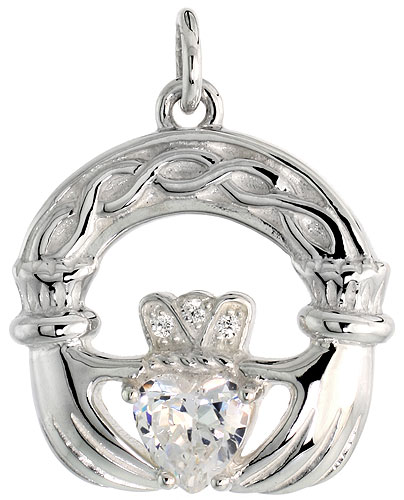High Polished Claddagh Pendant in Sterling Silver w/ 6mm Heart-shaped CZ Stone, 13/16" (21 mm) tall