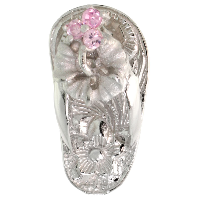 Sterling Silver Hawaiian Hibiscus Flip Flop Slippers Pendant, w/ Brilliant Cut Pink Tourmaline-colored CZ Stones, 3/4" (19 mm) tall