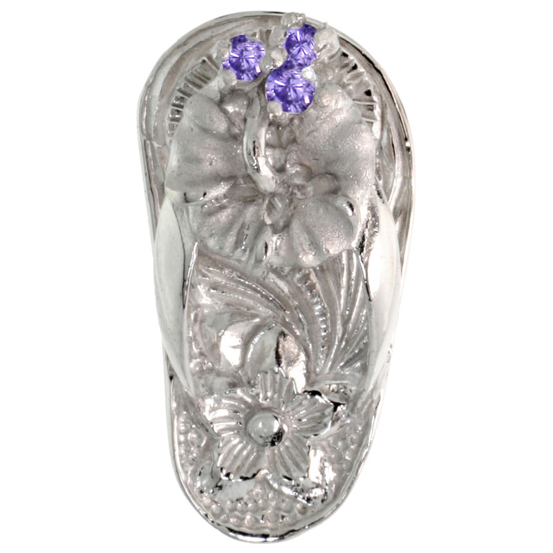 Sterling Silver Hawaiian Hibiscus Flip Flop Slippers Pendant, w/ Brilliant Cut Amethyst-colored CZ Stones, 3/4" (19 mm) tall