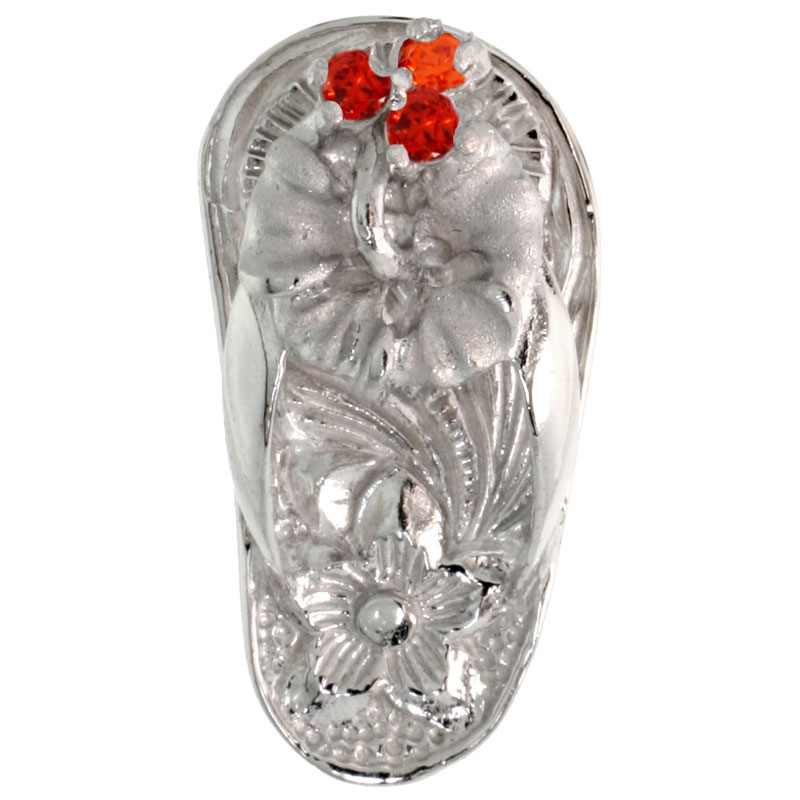 Sterling Silver Hawaiian Hibiscus Flip Flop Slippers Pendant, w/ Brilliant Cut Ruby-colored CZ Stones, 3/4" (19 mm) tall