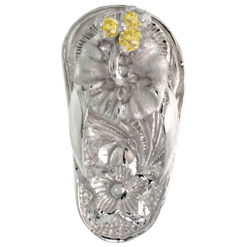 Sterling Silver Hawaiian Hibiscus Flip Flop Slippers Pendant, w/ Brilliant Cut Yellow Topaz-colored CZ Stones, 3/4" (19 mm) tall