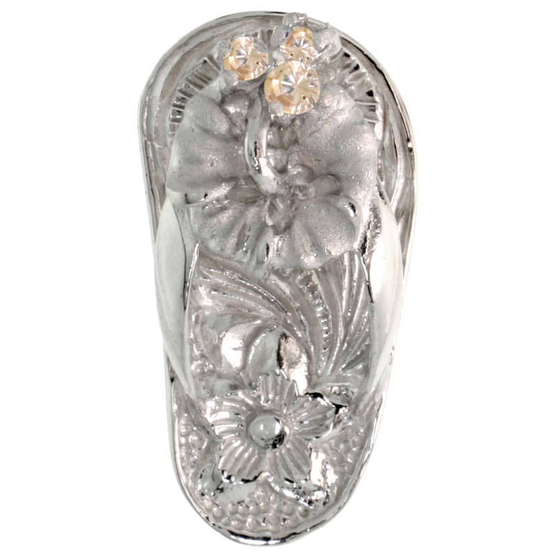 Sterling Silver Hawaiian Hibiscus Flip Flop Slippers Pendant, w/ Brilliant Cut Citrine-colored CZ Stones, 3/4" (19 mm) tall
