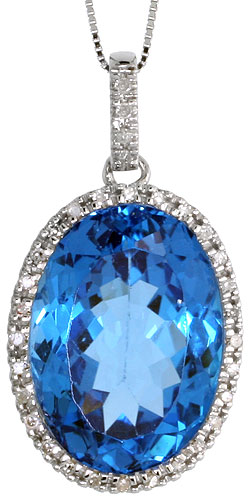 14k White Gold 18" Chain & 1 1/8" (29mm) tall Blue Topaz Pendant, w/ 0.25 Carat Brilliant Cut Diamonds & 17.45 Carats 18x12mm Oval Cut Blue Topaz Stone