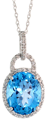 14k White Gold 18" Chain & 7/8" (23mm) tall Blue Topaz Pendant, w/ 0.15 Carat Brilliant Cut Diamonds & 4.70 Carats 11x9mm Oval Cut Blue Topaz Stone