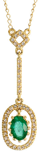 14k Gold 18" Chain & 1 1/8" (28mm) tall Oval Diamond Pendant, w/ 0.16 Carat Brilliant Cut Diamonds & 0.50 Carat Oval Cut Emerald Stone