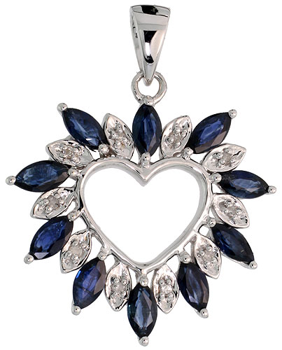 14k White Gold 15/16" (24mm) tall Diamond Heart Pendant, w/ 1.25 Total Carat Weight Marquise Cut Blue Sapphire Stones & Brilliant Cut Diamonds