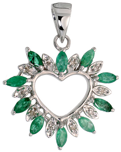 14k White Gold 15/16" (24mm) tall Diamond Heart Pendant, w/ 1.25 Total Carat Weight Marquise Cut Emerald Stones & Brilliant Cut Diamonds