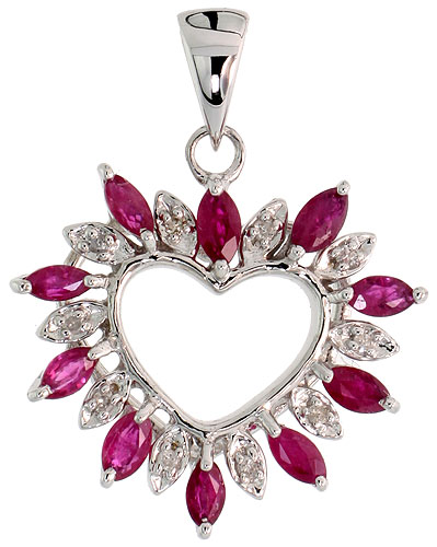 14k White Gold 15/16" (24mm) tall Diamond Heart Pendant, w/ 1.25 Total Carat Weight Marquise Cut Ruby Stones & Brilliant Cut Diamonds