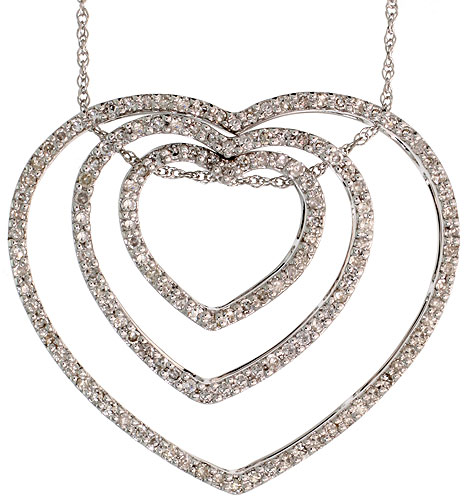 14k White Gold 18" Chain & 1" (26mm) tall Triple Heart Diamond Pendant, w/ 0.65 Carat Brilliant Cut Diamonds