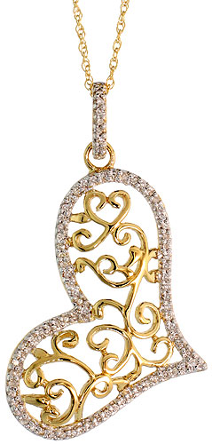14k Gold 18" Chain & 1 3/8" (36mm) tall Filigree Heart Diamond Pendant, w/ 0.22 Carat Brilliant Cut Diamonds