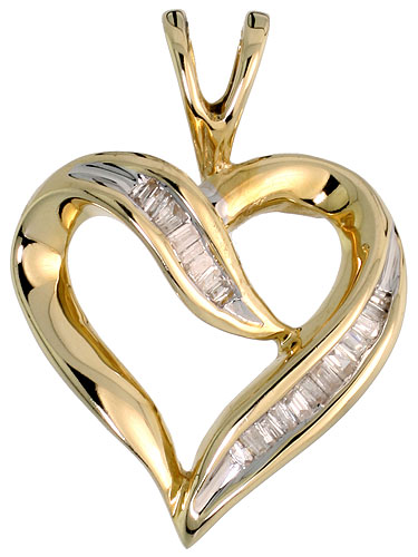 14k Gold Diamond Heart Pendant, w/ 0.20 Carat Baguette Diamonds, 9/16" (14mm) tall 