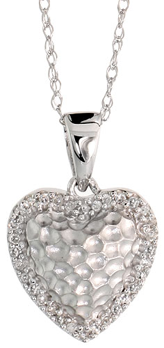 14k White Gold 18" Chain & 7/16" (12mm) tall Hammered Finish Diamond Heart Pendant, w/ 0.10 Carat Brilliant Cut Diamonds