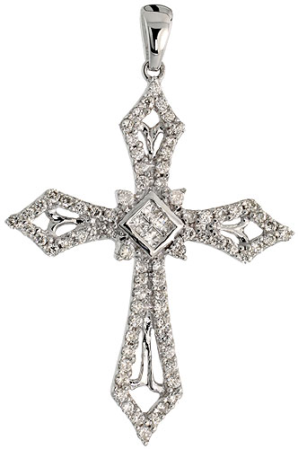 14k White Gold 1 1/4" (32mm) tall Diamond Cross Pendant, w/ 0.50 Carat Brilliant Cut & Invisible Set Diamonds