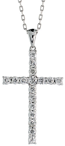 14k White Gold 18" Cable Chain & 1 3/16" (30mm) tall Diamond Latin Cross Pendant, w/ 0.90 Carat Brilliant Cut Diamonds