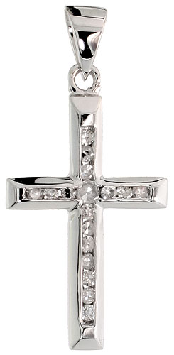 14k White Gold 3/4" (19mm) tall Diamond Latin Cross Pendant, w/ 0.12 Carat Brilliant Cut Diamonds