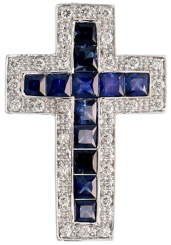 14k White Gold 1 1/4" (32mm) tall Diamond Latin Cross Pendant, w/ 0.50 Carat Brilliant Cut Diamonds & 3.27 Carats Princess Cut Blue Sapphire Stones