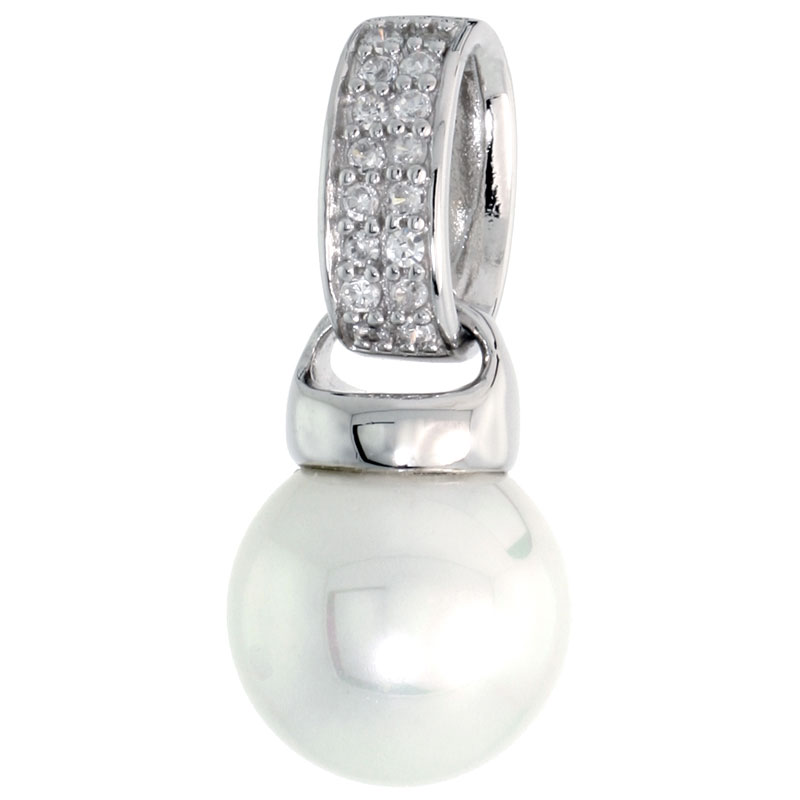 Sterling Silver 10mm Faux Pearl Pendant, w/ Brilliant Cut CZ Stones, 7/8" (22 mm) tall