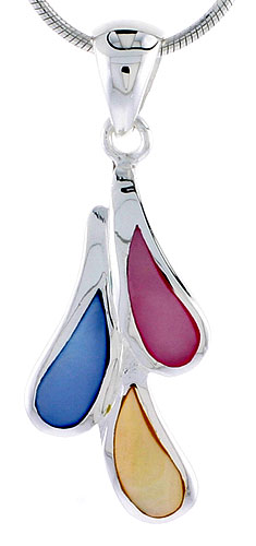 Sterling Silver Teardrop Pink, Blue & Light Yellow Mother of Pearl Inlay Pendant, 1" (25 mm) tall 