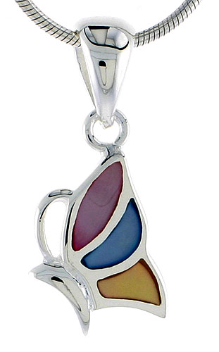 Sterling Silver Half Butterfly Pink, Blue & Light Yellow Mother of Pearl Inlay Pendant, 9/16" (14 mm) tall 