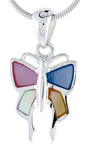 Sterling Silver Butterfly Pink, Blue, Light Yellow & White Mother of Pearl Inlay Pendant, 5/8" (16 mm) tall 